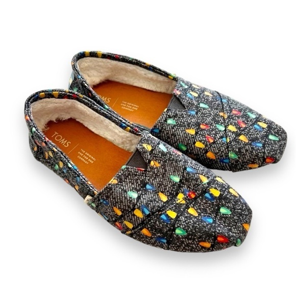 Toms Gray Classic Canvas Slip-on Flats Christmas Bulbs Women’s Size 8 Warm Lined - Picture 1 of 13